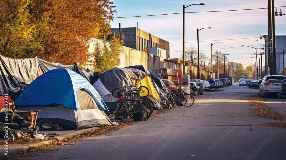 Homeless encampment on an urban street.  - obrazy, fototapety, plakaty 