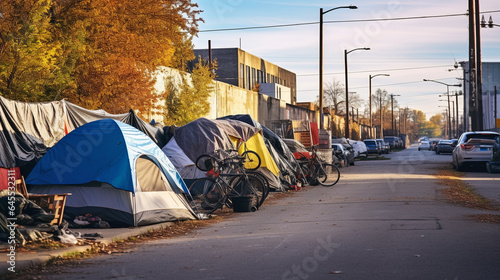 Homeless encampment on an urban street. 