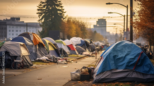 Homeless encampment on an urban street. 