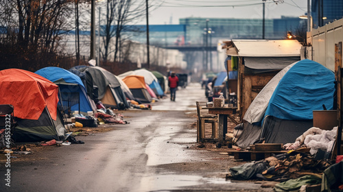 Homeless encampment on an urban street. 