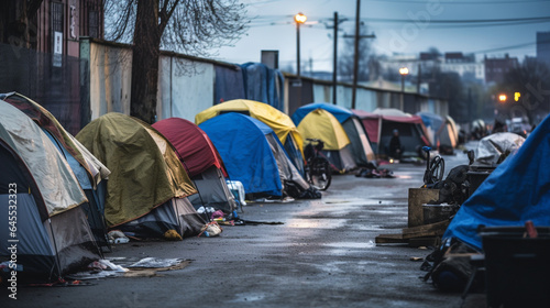 Homeless encampment on an urban street. 