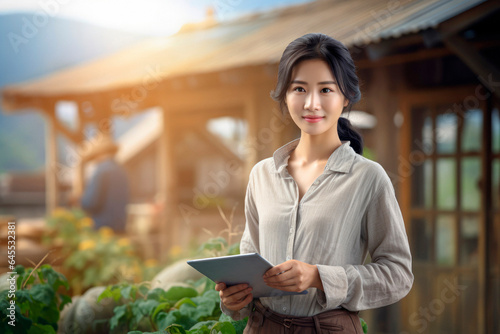 Cultivating with Technology: A Farmer Worker and a Chinese Woman Utilize a Tablet in the Heart of an Agricultural Environment.
