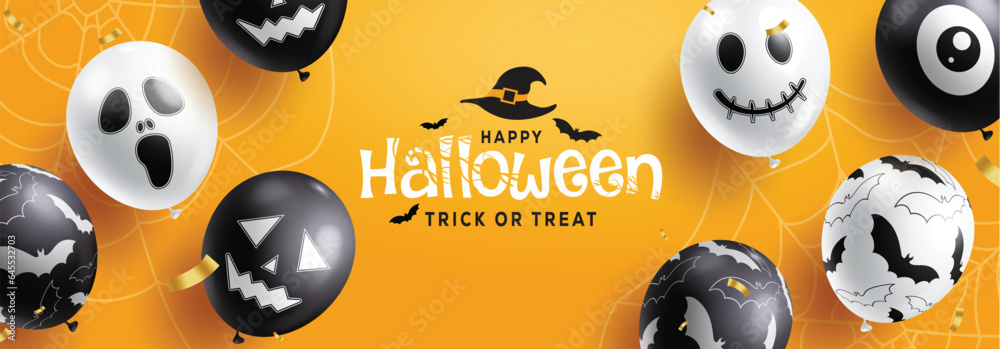 Obraz premium Happy halloween text vector design. Halloween trick or treat invitation card with creepy ghost and skull balloons elements for horror decoration. Vector illustration holiday card background.