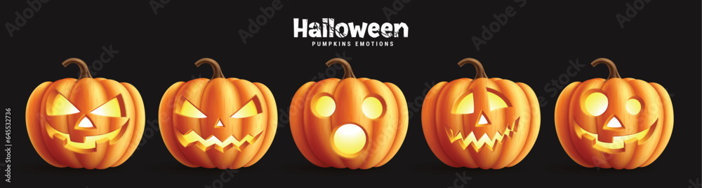 Halloween pumpkins set vector design. Pumpkins collection in scary, spooky and creepy emotions for holiday horror lantern elements. Vector illustration pumpkins halloween collection. - obrazy, fototapety, plakaty 