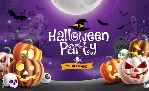 Halloween party text vector design. Halloween party invitation card in purple space with pumpkin lantern characters decoration elements. Vector illustration kids invitation card.