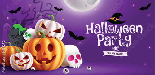 Halloween party text vector design. Halloween party invitation card with pumpkin squash lantern and moon elements in night background. Vector illustration kids horror party invitation.