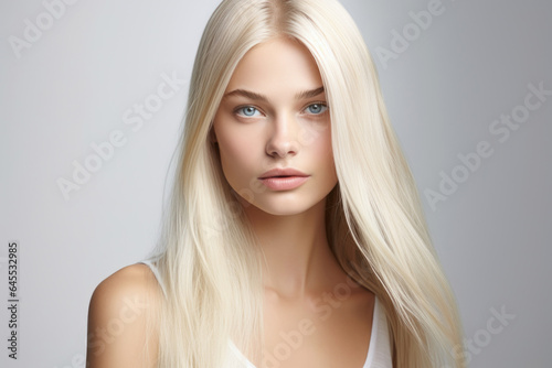 Beautiful young woman with long blond hair on white background
