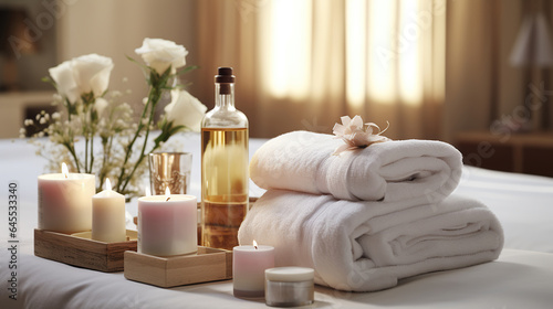 Tranquil Elegance. Towels, Herbs, and Beauty Essentials in a Spa Retreat. Generative AI