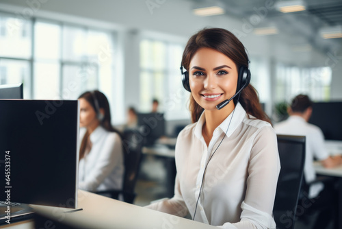 Call center young woman agent with headset working on support hotline in modern office