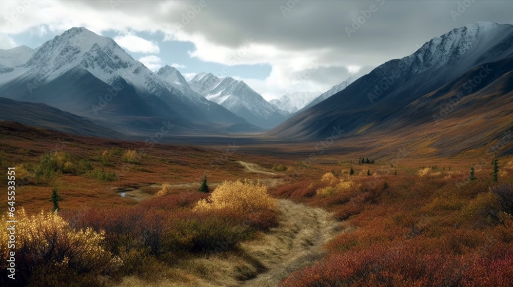 River valley lighted by golden sun light in autumn snow covered mountain landscape. beautiful autumn