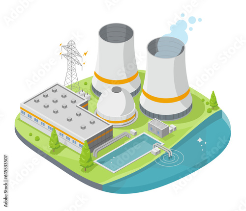 nuclear electric power plant green energy friendly concept isometric isolated cartoon vector