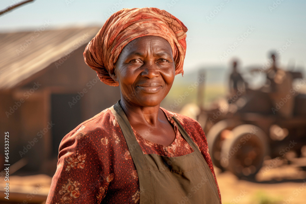 Fields of Dedication: An Older African Woman, a Resilient Farmer Worker, with Agricultural Fields in the Background, Exuding Satisfaction and Dedication.

