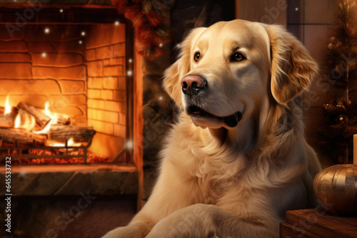 Golden Retriever dog by the fireplace in a cozy house