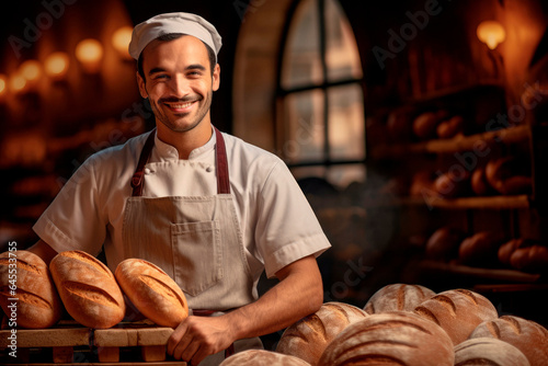 The Art of Baking: A Portrait of a French Man Proudly Serving as a Male Baker, Presenting a Fresh Baguette with Ample Copy Space.
