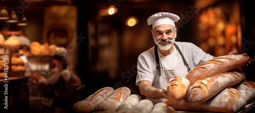 The Art of Baking: A Portrait of a French Man Proudly Serving as a Male Baker, Presenting a Fresh Baguette with Ample Copy Space.  