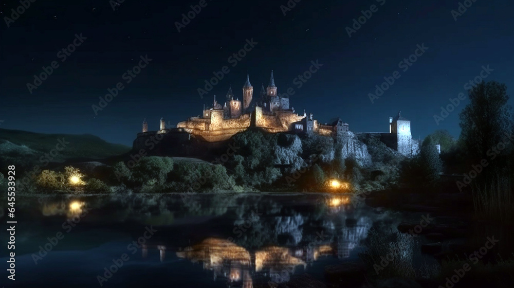 Castle and river. Princess Castle on the cliff. Fairy tale castle in the mountains. Fantasy Night