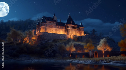 Castle bridge. Princess Castle on the cliff. Fairy tale castle in the mountains. Fantasy Night