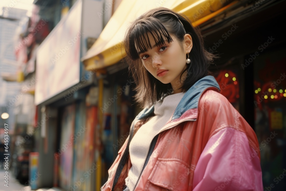 Young girl immersed in the vibrant energy of Tokyo's '90s streets, a fusion of culture and fashion.