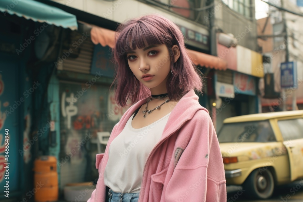 Young girl immersed in the vibrant energy of Tokyo's '90s streets, a fusion of culture and fashion. Young girl immersed in the vibrant energy of Tokyo's '90s streets, a fusion of culture and fashion.