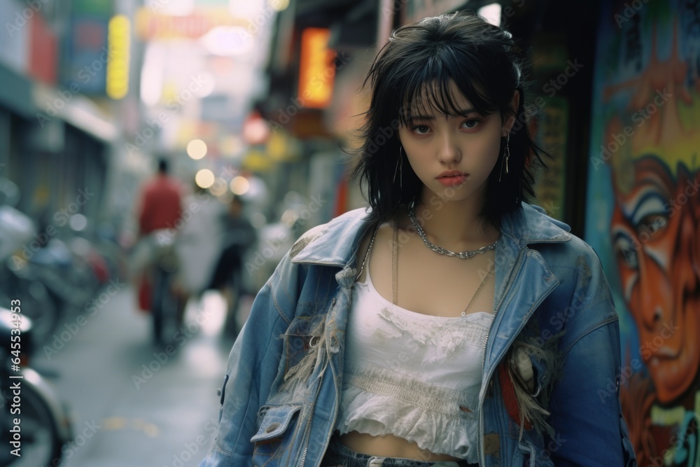 Young girl immersed in the vibrant energy of Tokyo's '90s streets, a fusion of culture and fashion. Young girl immersed in the vibrant energy of Tokyo's '90s streets, a fusion of culture and fashion.
