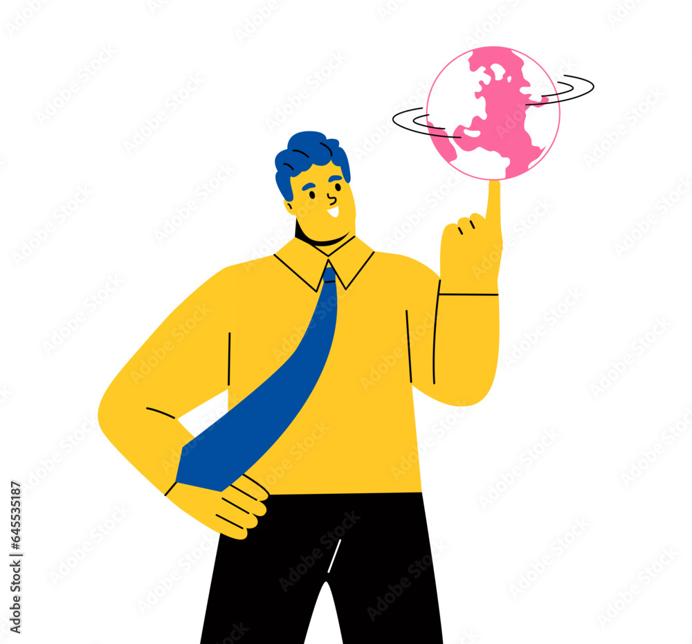 Business man spinning planet earth on fingertip. World communication concept. Colorful vector illustration Business man spinning planet earth on fingertip. World communication concept. Colorful vector illustration