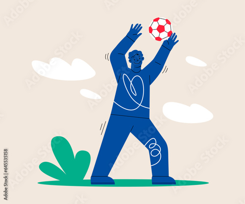 Goalkeeper soccer. Man catches a ball.  Colorful vector illustration