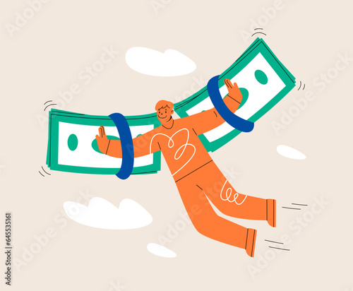 Man flying on money wings. Financial freedom concept. Colorful vector illustration