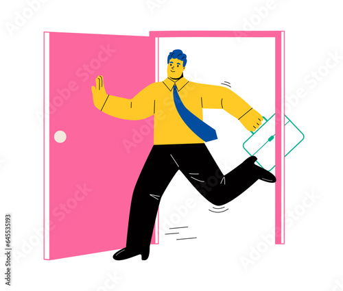 Business man with briefcase walking out open door. Concept of  step to success. Flat vector illustration isolated on white background