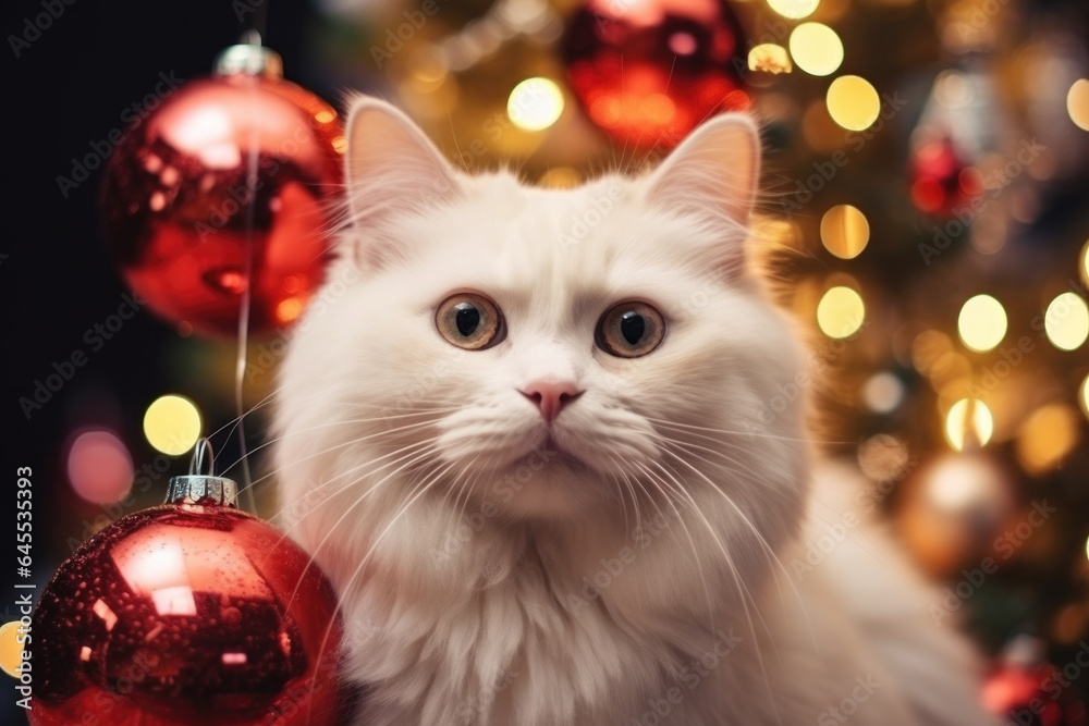 White fluffy cat by the Christmas tree