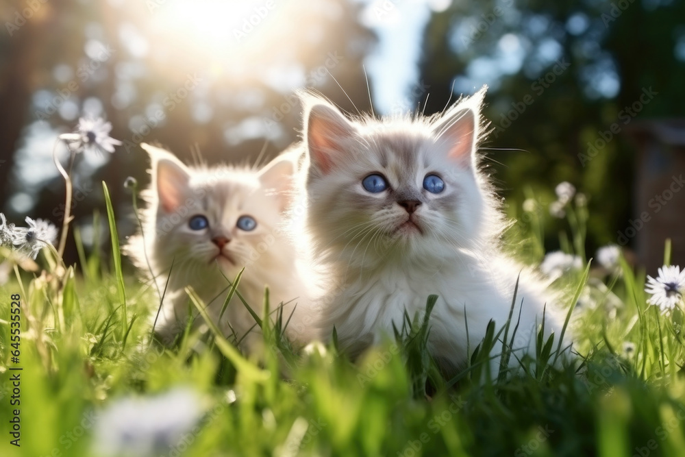 White British blue point kittens on the grass