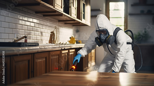 Exterminator fighting insects in house with mask and white protective suit spraying poisonous gas or liquid from sprayer bottle on floors and cupboards in kitchen interior. Generative AI