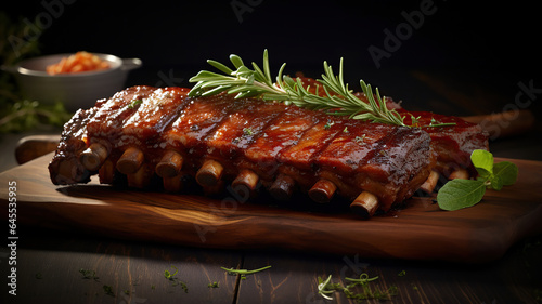 Grilled ribs with a glazed sauce on a blurred background