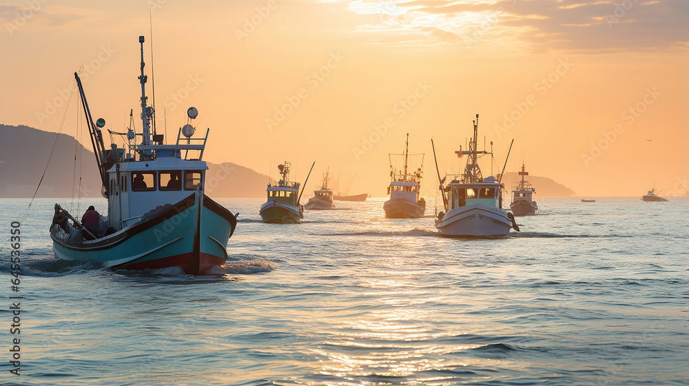 fishing boats setting out to sea with the beautiful sunrise in the background