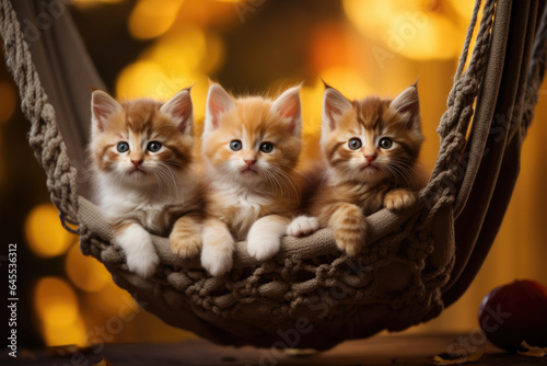 Orange kittens in the basket on the autumn background