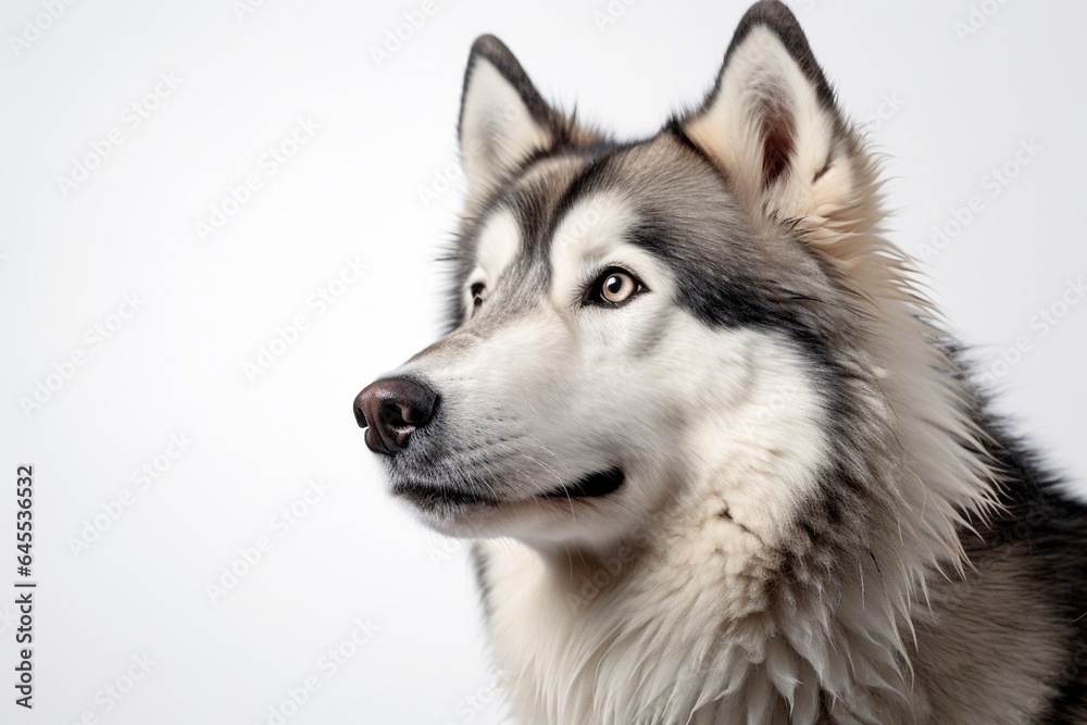 Generative AI : Cute little Alaskan Malamute dog on blue background in studio Generative AI : Cute little Alaskan Malamute dog on blue background in studio