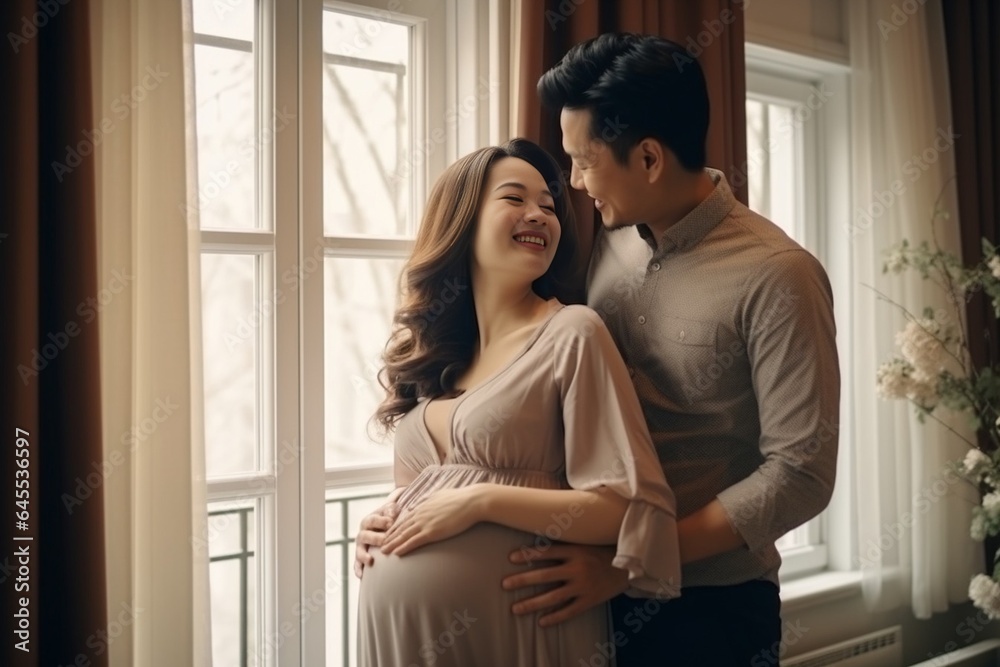 Generative AI : Adult couple expecting a baby while husband caresses the belly of his pregnant beautiful woman