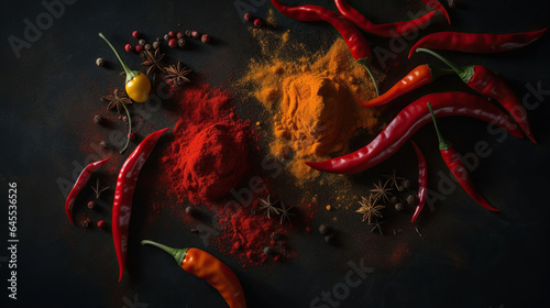 Flat lay composition with powdered and raw chili peppers on dark background. Generative AI