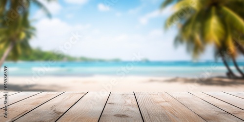 Generative AI : Top of wood table with blurred sea and coconut tree background - Empty ready for your product display montage. Concept of beach in summer