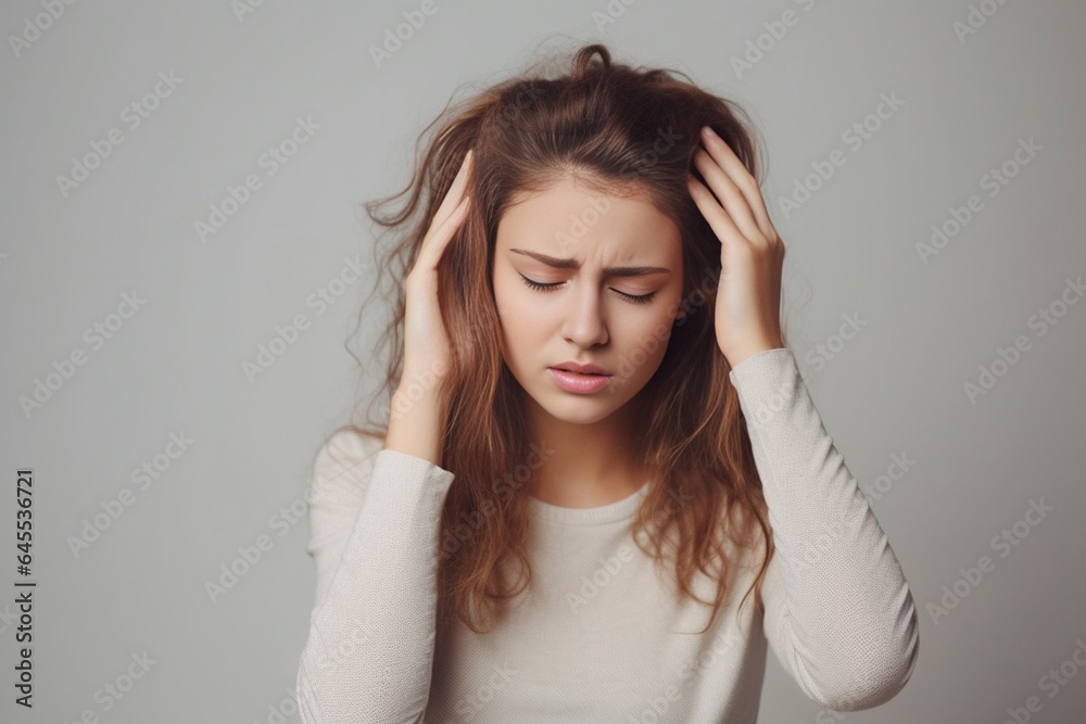 Generative AI : A beautiful girl with headache, white background Generative AI : A beautiful girl with headache, white background