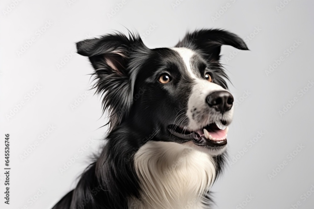 Generative AI : Cute little Border Collie dog on blue background in studio