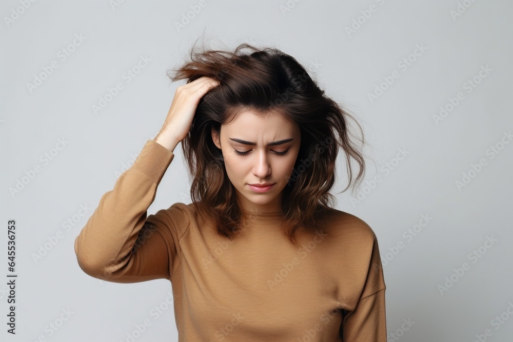 Generative AI : A beautiful girl with headache, white background Generative AI : A beautiful girl with headache, white background