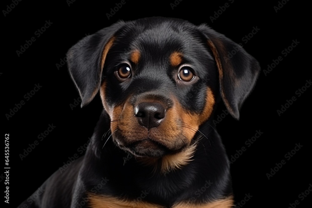 Generative AI : Cute little Rottweiler dog on blue background in studio Generative AI : Cute little Rottweiler dog on blue background in studio