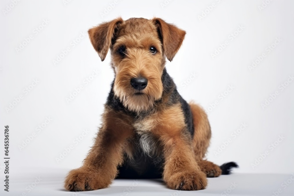 Generative AI : Cute little Airedale Terrier dog on blue background in studio Generative AI : Cute little Airedale Terrier dog on blue background in studio