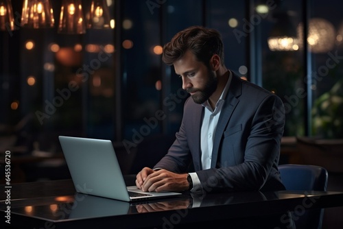Generative AI : Serious businessman working on laptop at night in modern office.