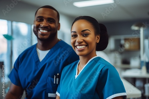 Generative AI : Happy young pet owner consulting with African-American male veterinarian in blue medical scrubs sitting on squats in front of her