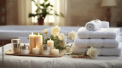 Towels with herbal bags and beauty treatment items setting in spa center in white room, Generative AI