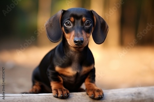 Generative AI : Cute little Dachshund dog on blue background in studio