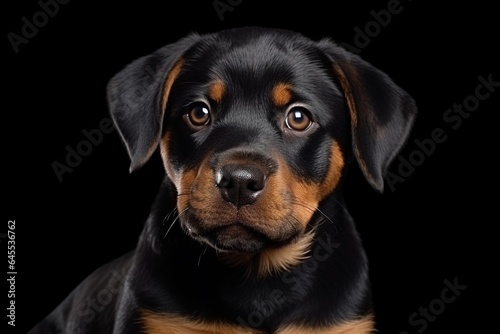Generative AI : Cute little Rottweiler dog on blue background in studio