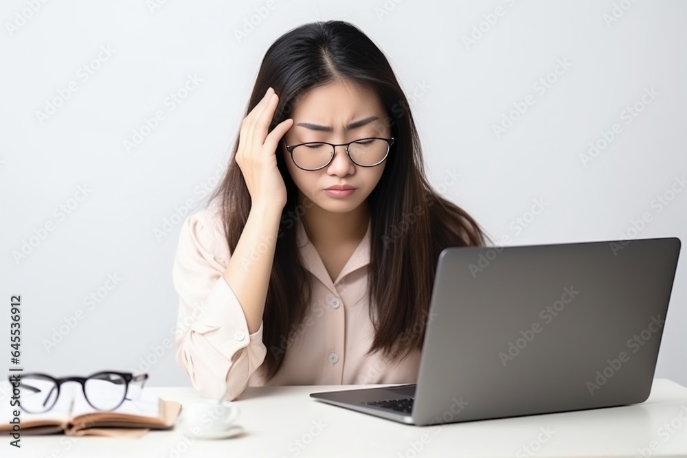 Generative AI : Young Asian woman are stressed and tired from work. She was holding glasses at a white desk with a laptop in the office. Generative AI : Young Asian woman are stressed and tired from work. She was holding glasses at a white desk with a laptop in the office.