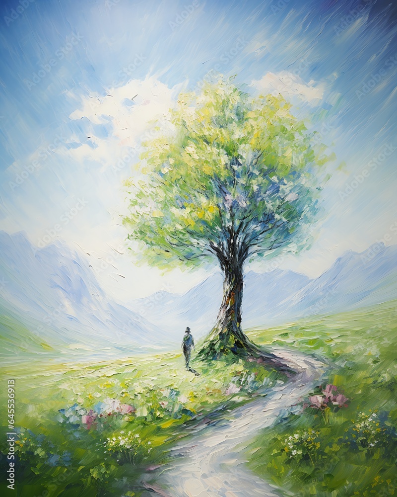 man walking down path towards tree cover gently caressing earth lonely rendition dreams kinos journey optimistic future princess - obrazy, fototapety, plakaty 